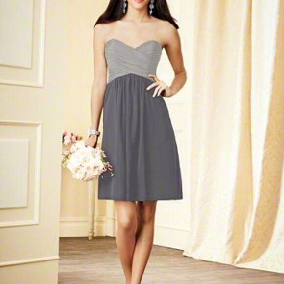 Knee-Length Chiffon Bridesmaids Dress, Charcoal Gey Skirt w/ light gray bodice - Picture 2 of 4